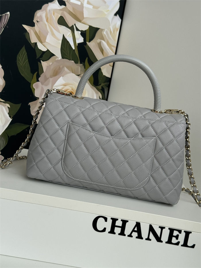 FLAP BAG WITH TOP HANDLE Grained Calfskin Grey-binding Gold Metal High