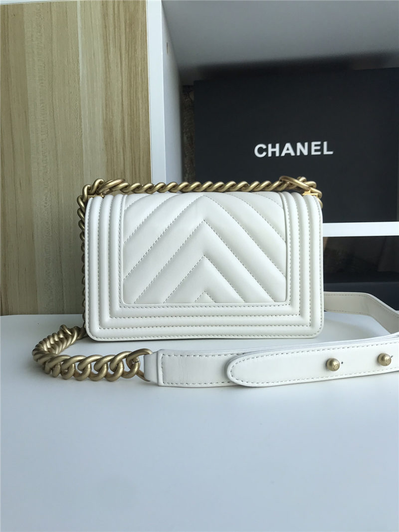 SMALL BOY Chanel HANDBAG Chevrons Pattern Lambskin White High