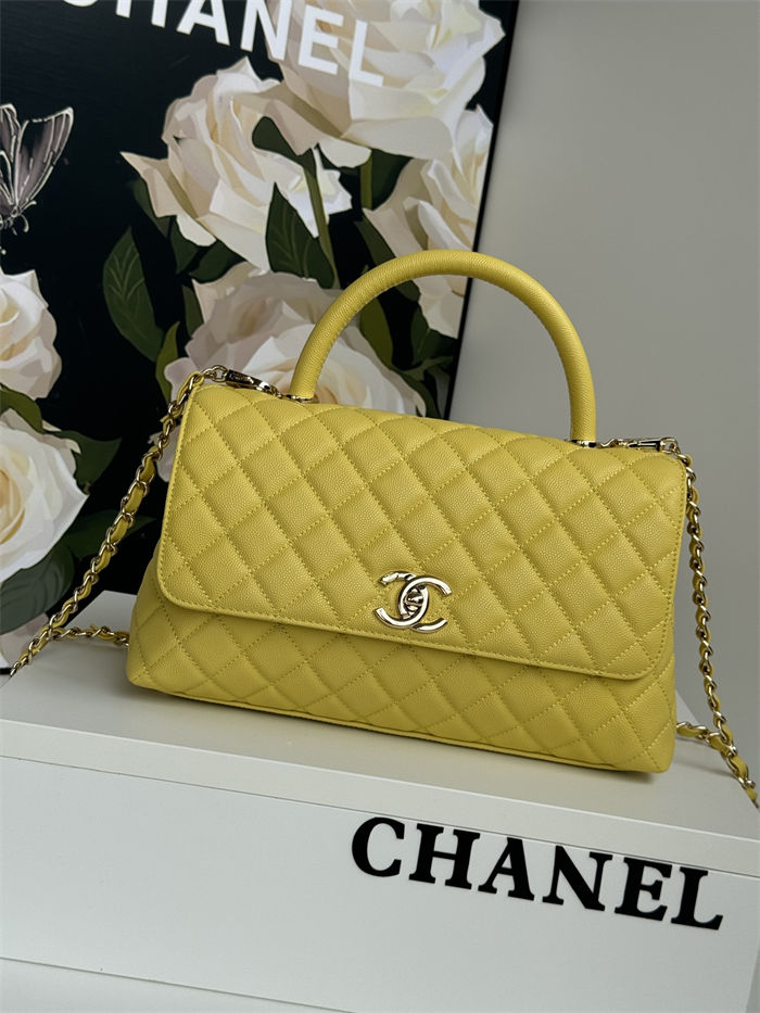 FLAP BAG WITH TOP HANDLE Grained Calfskin Yellow-binding Gold Metal High