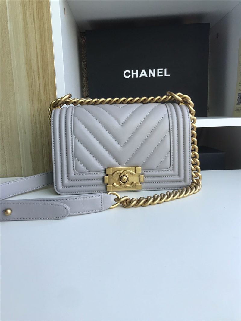 SMALL BOY Chanel HANDBAG Chevrons Pattern Lambskin Grey High