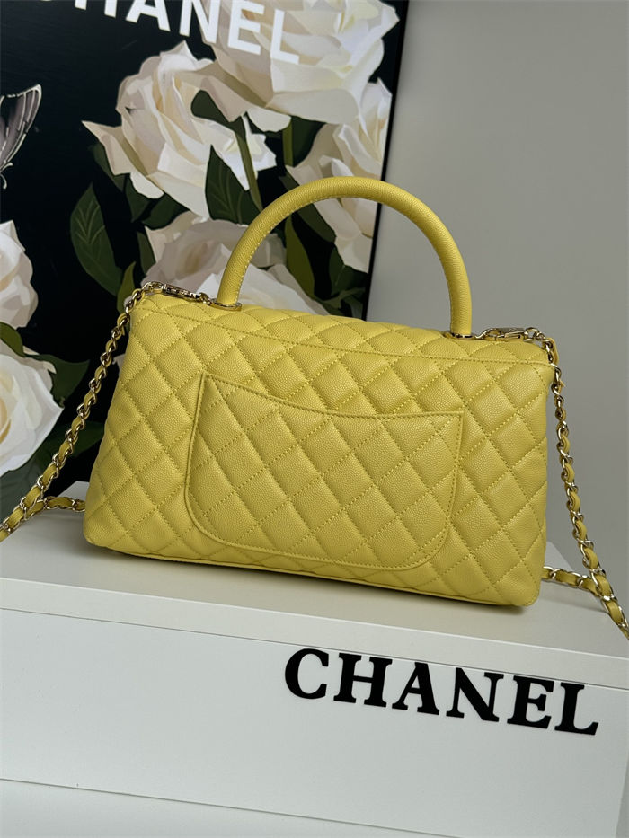 FLAP BAG WITH TOP HANDLE Grained Calfskin Yellow-binding Gold Metal High