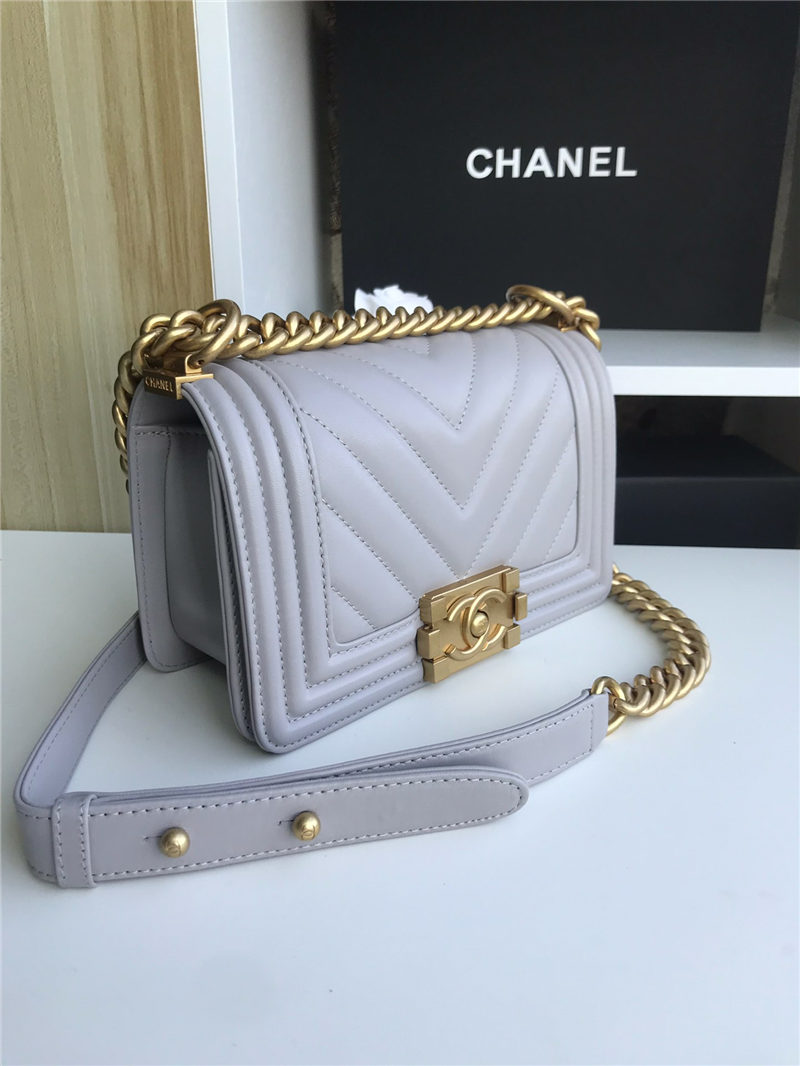 SMALL BOY Chanel HANDBAG Chevrons Pattern Lambskin Grey High