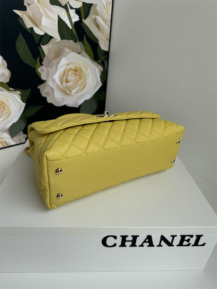 FLAP BAG WITH TOP HANDLE Grained Calfskin Yellow-binding Gold Metal High