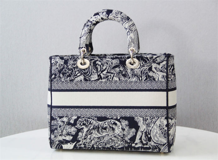 LARGE LADY D-LITE BAG Toile de Jouy Reverse Embroidery Blue High