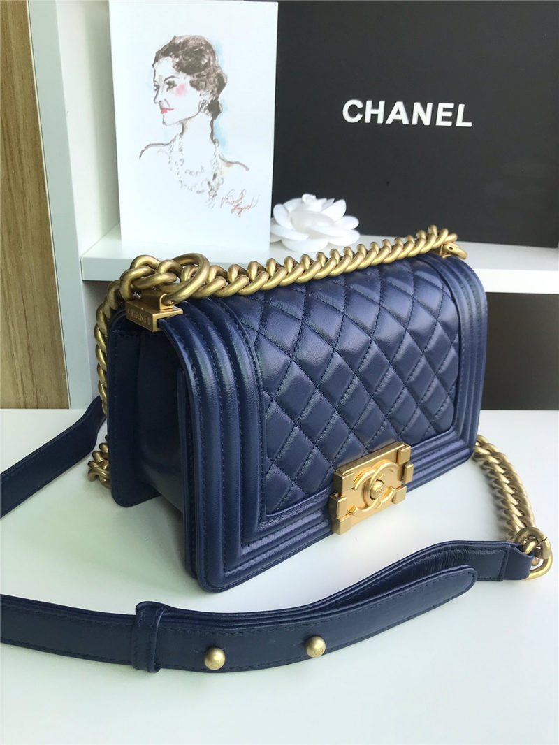 SMALL BOY Chanel HANDBAG Lambskin Navy Blue High