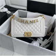 BOY Chanel FLAP BAG WITH HANDLE Lambskin & Gold Metal White A