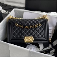 BOY Chanel FLAP BAG WITH HANDLE Lambskin & Gold Metal Black A