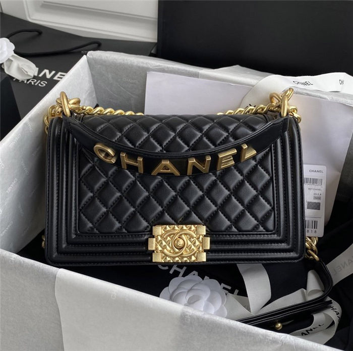 BOY Chanel FLAP BAG WITH HANDLE Lambskin & Gold Metal Black A