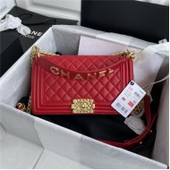 BOY Chanel FLAP BAG WITH HANDLE Lambskin & Gold Metal Red A