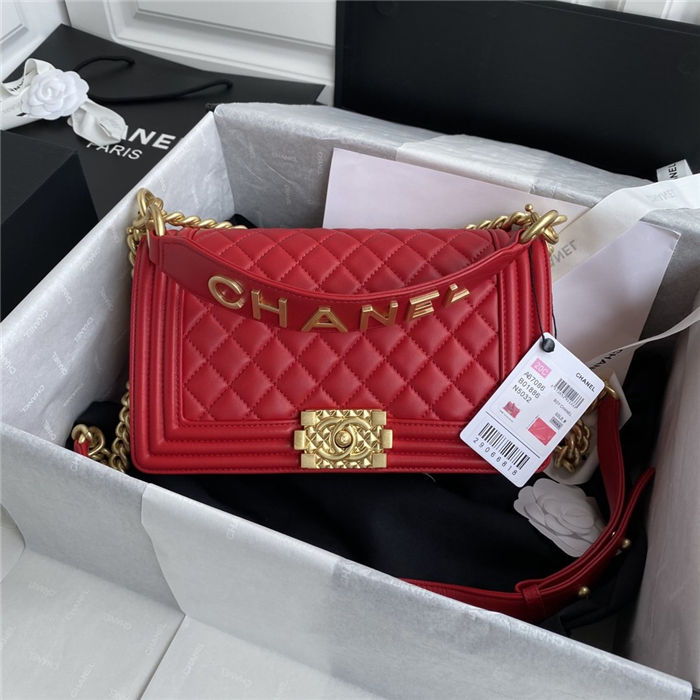 BOY Chanel FLAP BAG WITH HANDLE Lambskin & Gold Metal Red A