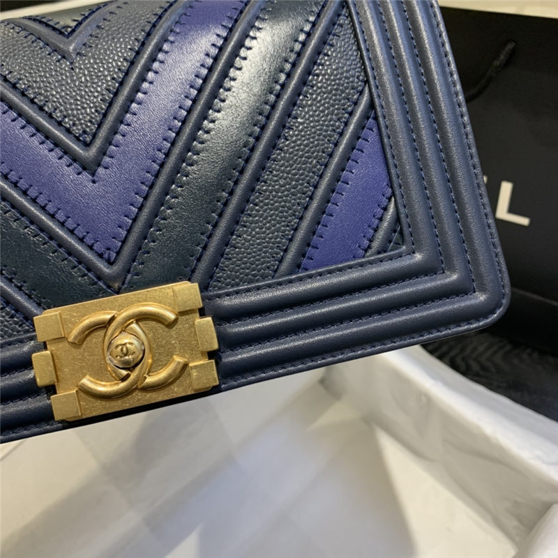 BOY Chanel HANDBAG Chevrons Pattern Calfskin Blue A