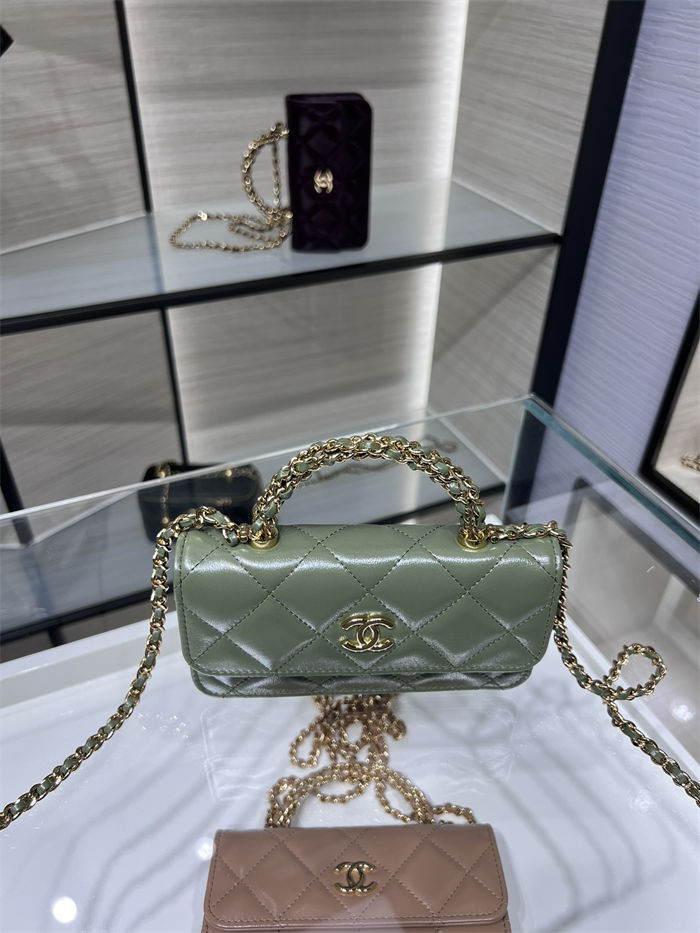 Chanel FLAP PHONE HOLDER WITH CHAIN AP4167 Shiny Lambskin & Gold-Tone Metal Green High