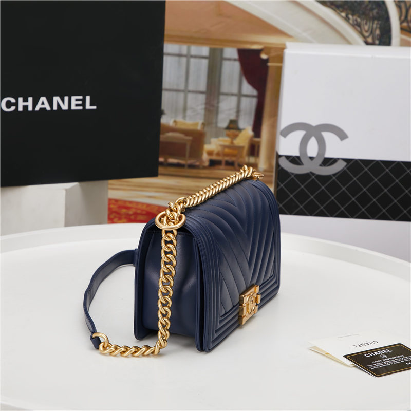 BOY Chanel HANDBAG Chevrons Pattern Lambskin Navy Blue High