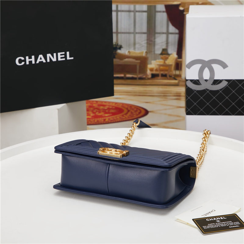 BOY Chanel HANDBAG Chevrons Pattern Lambskin Navy Blue High