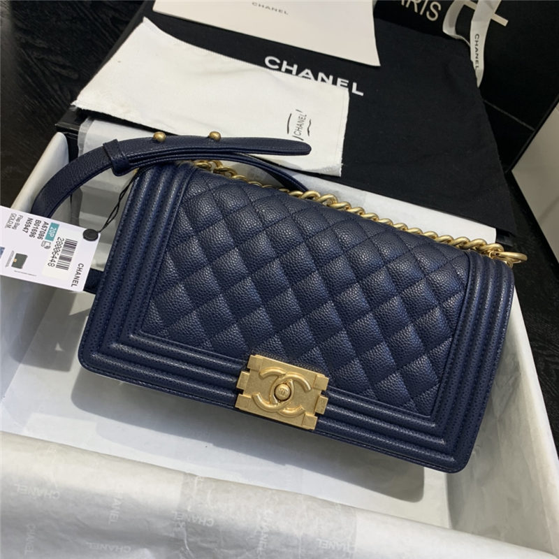 BOY Chanel HANDBAG Grained Calfskin & Gold Metal Navy Blue A