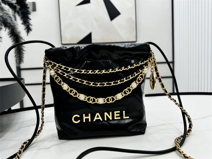 Chanel 22 MINI HANDBAG Shiny Calfskin Black, Imitation Pearls & Gold-Tone Metal AS3980 High