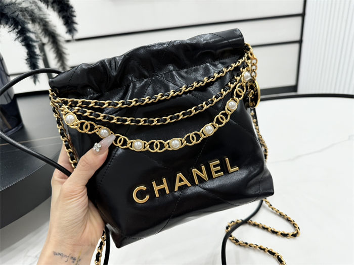 Chanel 22 MINI HANDBAG Shiny Calfskin Black, Imitation Pearls & Gold-Tone Metal AS3980 High