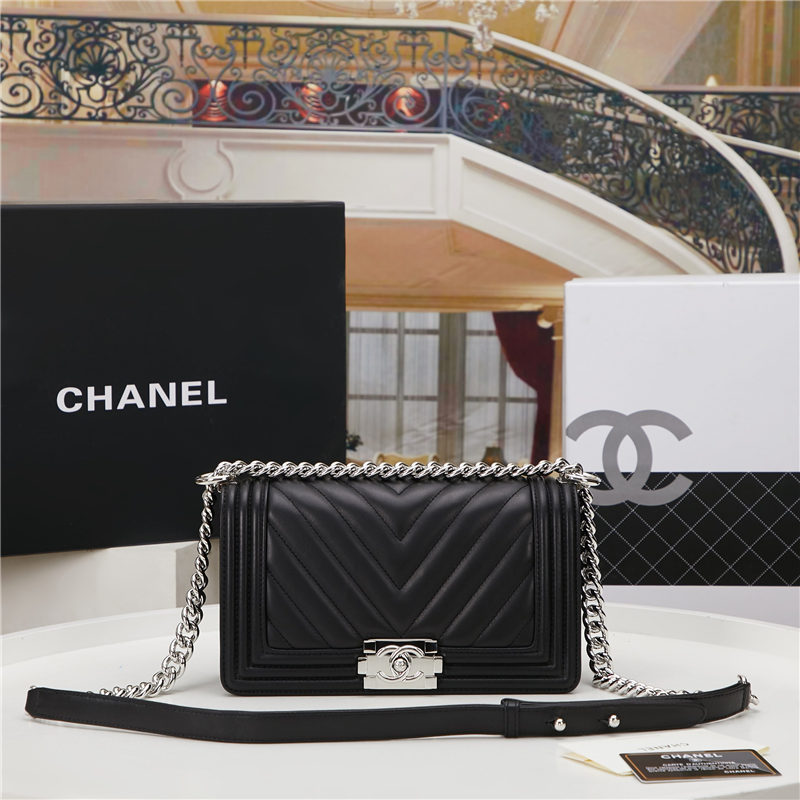 BOY Chanel HANDBAG Chevrons Pattern Lambskin Black B