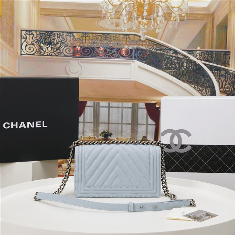 BOY Chanel HANDBAG Chevrons Pattern Grained Calfskin Light Blue B