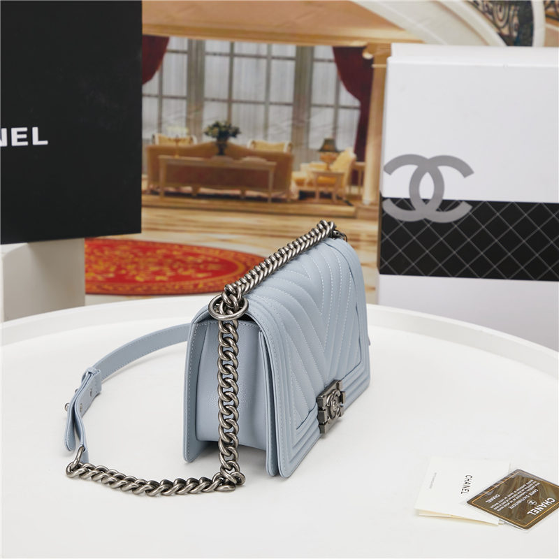 BOY Chanel HANDBAG Chevrons Pattern Grained Calfskin Light Blue B