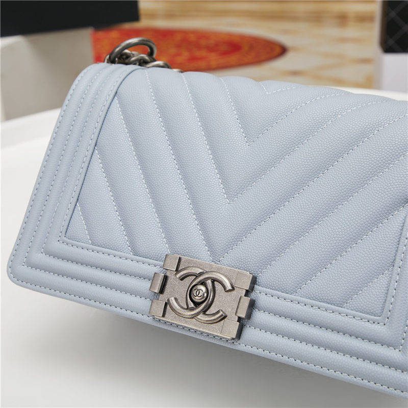 BOY Chanel HANDBAG Chevrons Pattern Grained Calfskin Light Blue B