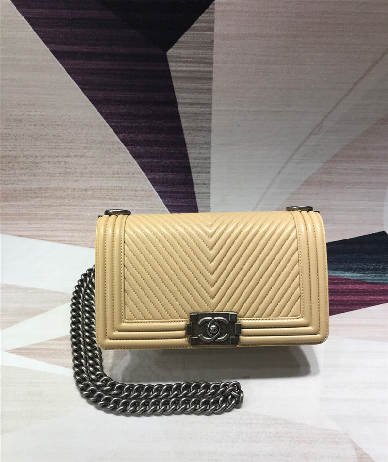 BOY Chanel HANDBAG Chevrons Pattern Lambskin Beige B