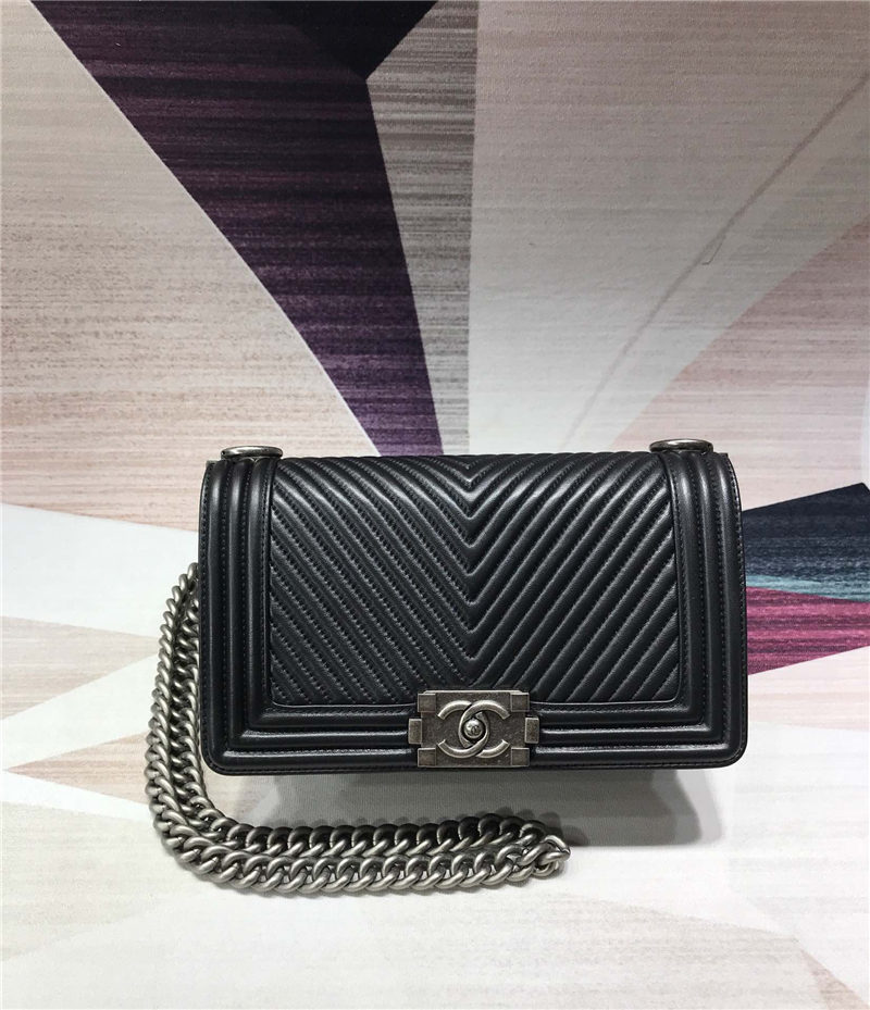 BOY Chanel HANDBAG Chevrons Pattern Lambskin Black B