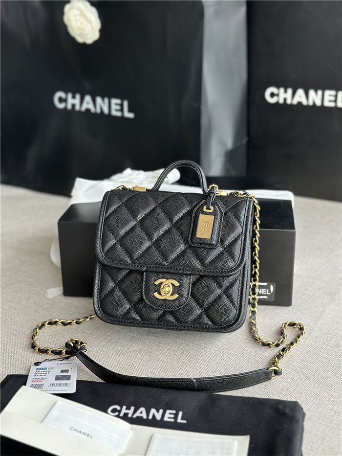 Chanel SMALL FLAP BAG WITH TOP HANDLE Grained Calfskin & Gold-Tone Metal AS3652 Black A