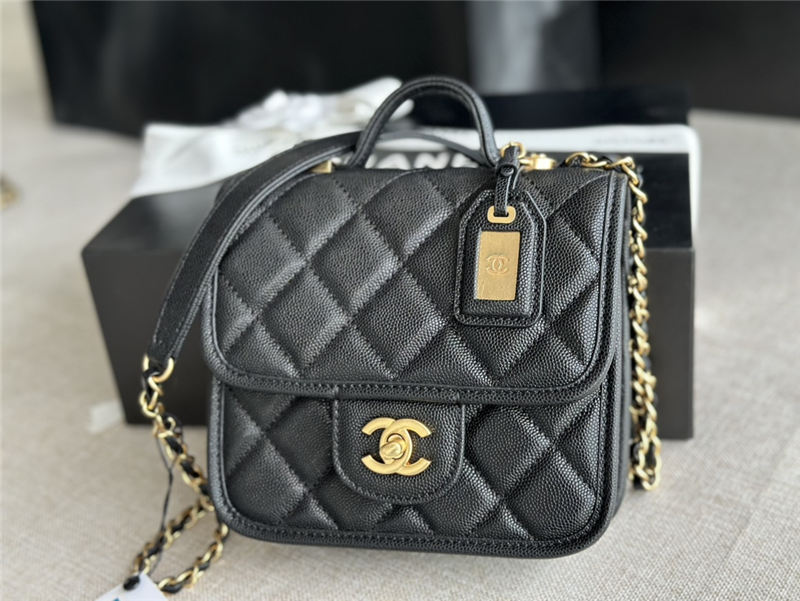 Chanel SMALL FLAP BAG WITH TOP HANDLE Grained Calfskin & Gold-Tone Metal AS3652 Black A