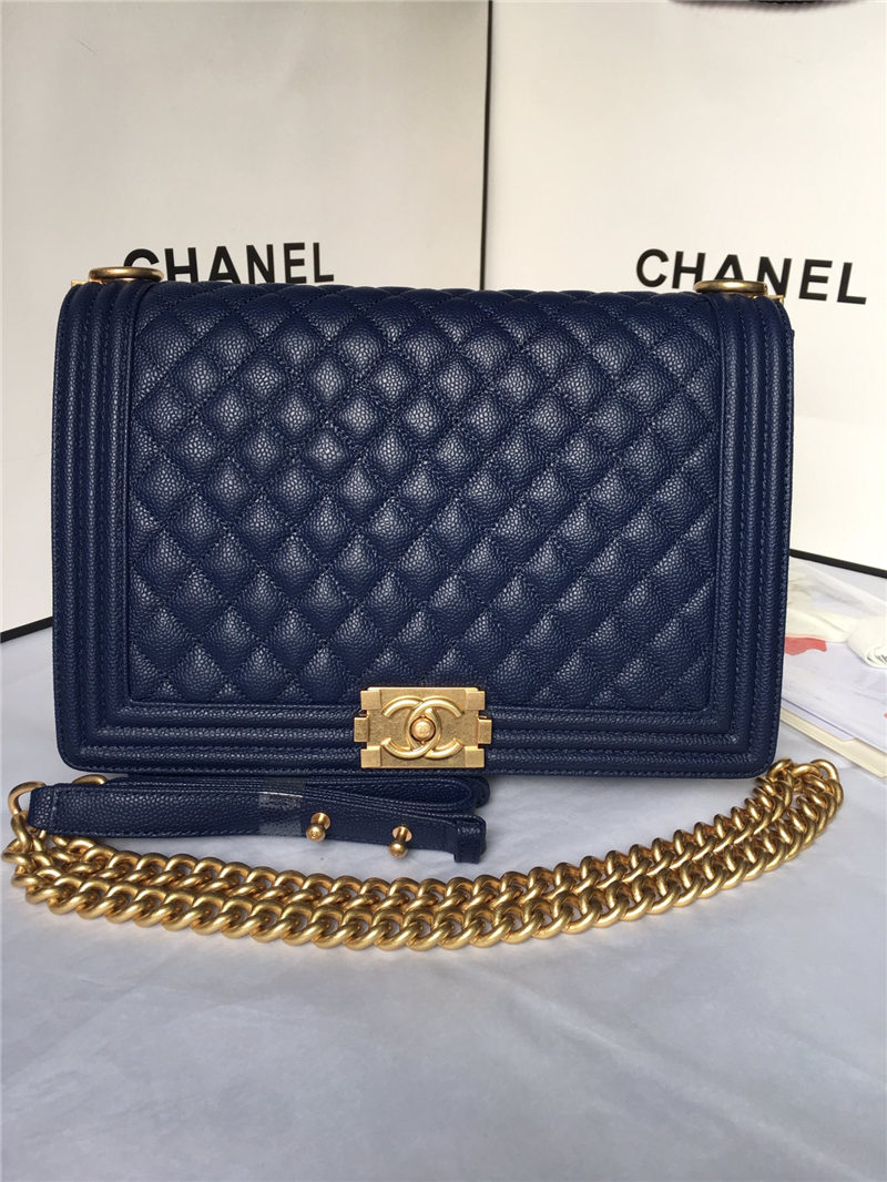 MAXI BOY Chanel HANDBAG Grained Calfskin Navy Blue High