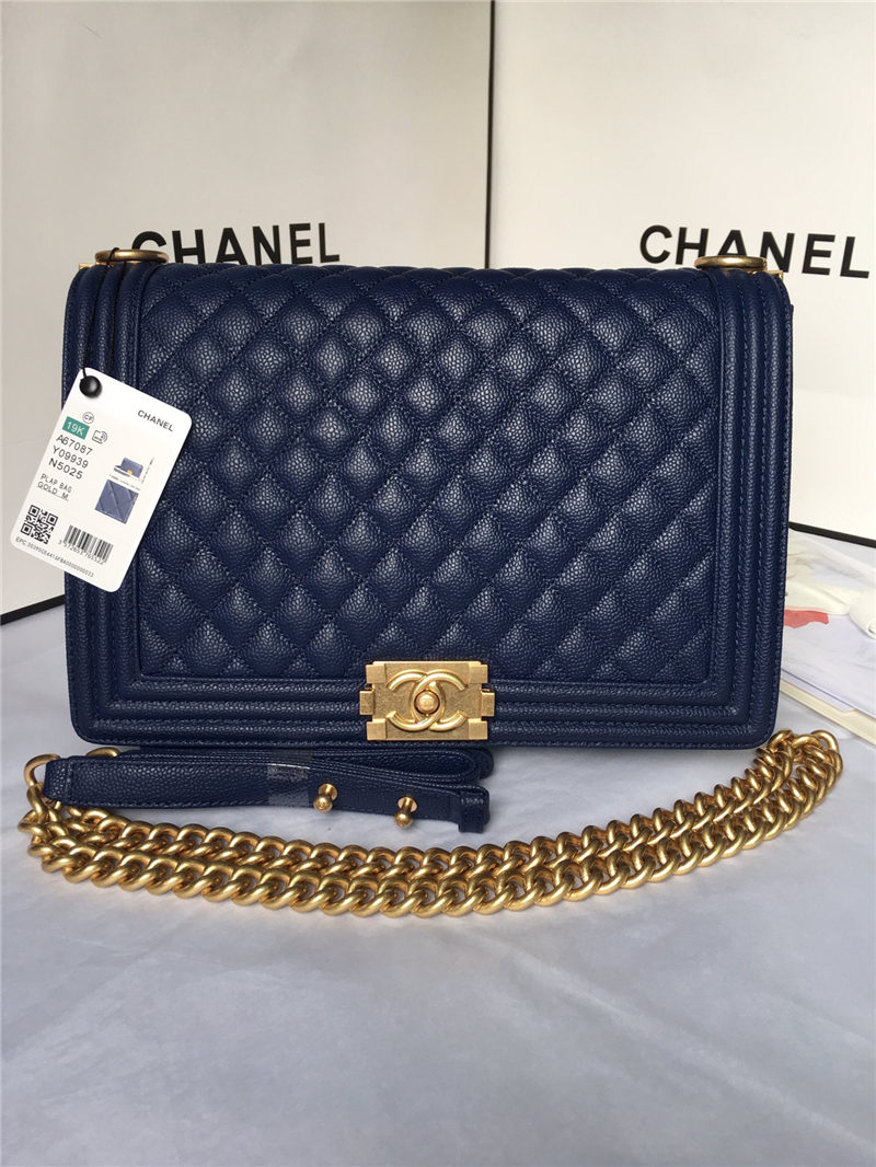 MAXI BOY Chanel HANDBAG Grained Calfskin Navy Blue High