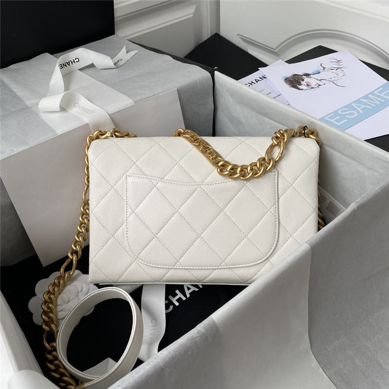 Chanel FLAP BAG Grained Calfskin & Gold-Tone Metal AS2764 White A