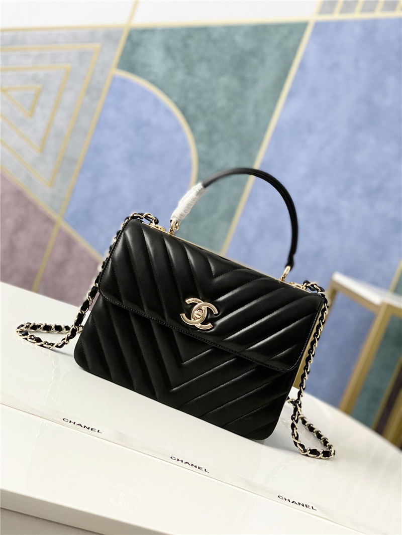 SMALL FLAP BAG WITH TOP HANDLE Chevrons Pattern Lambskin Gold Metal Black A