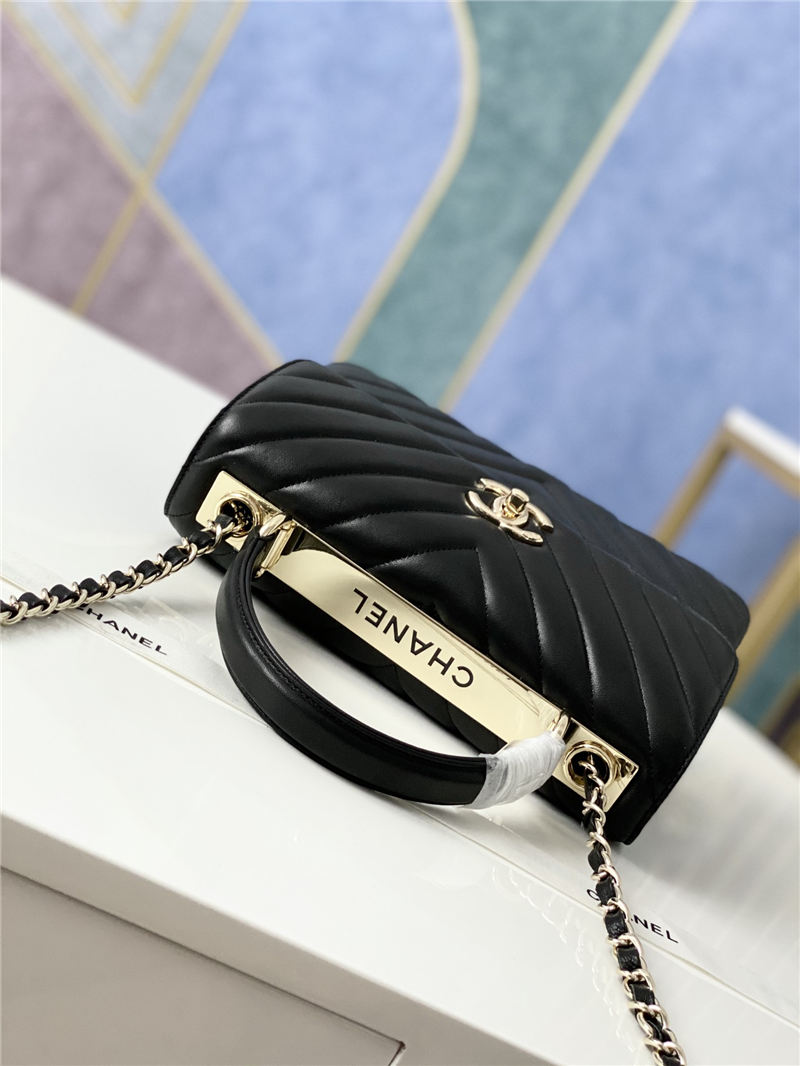 SMALL FLAP BAG WITH TOP HANDLE Chevrons Pattern Lambskin Gold Metal Black A