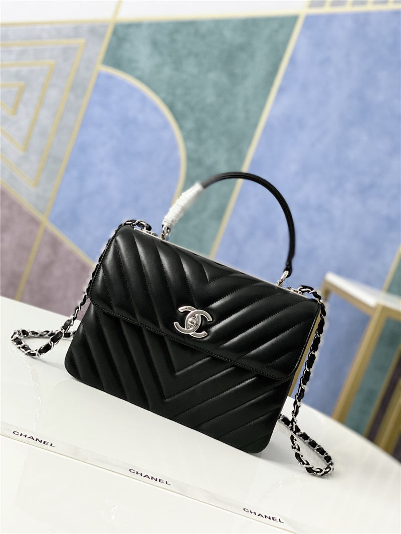 SMALL FLAP BAG WITH TOP HANDLE Chevrons Pattern Lambskin Silver Metal Black A