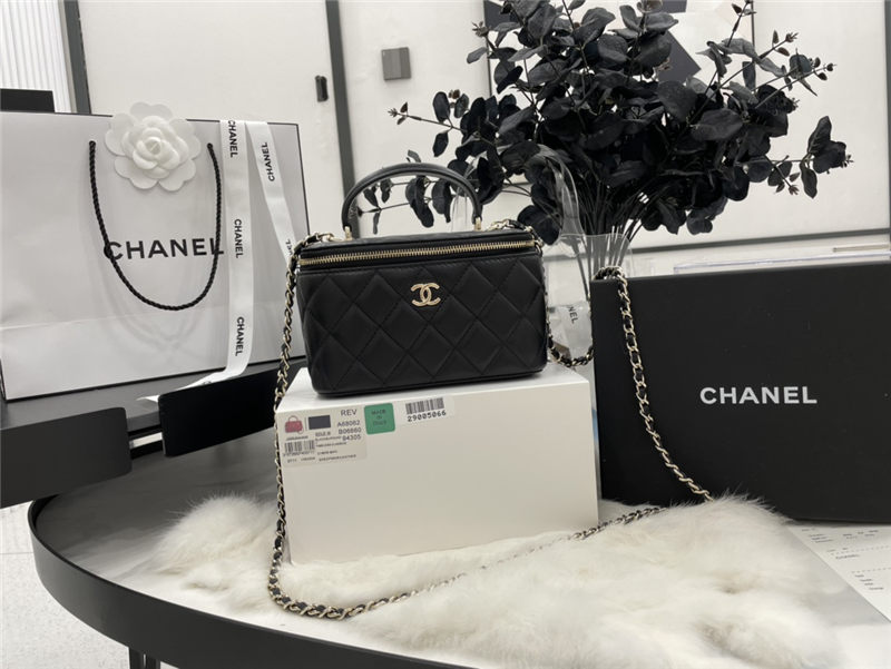 Chanel VANITY WITH CHAIN A68062 Lambskin & Gold-Tone Metal Black High