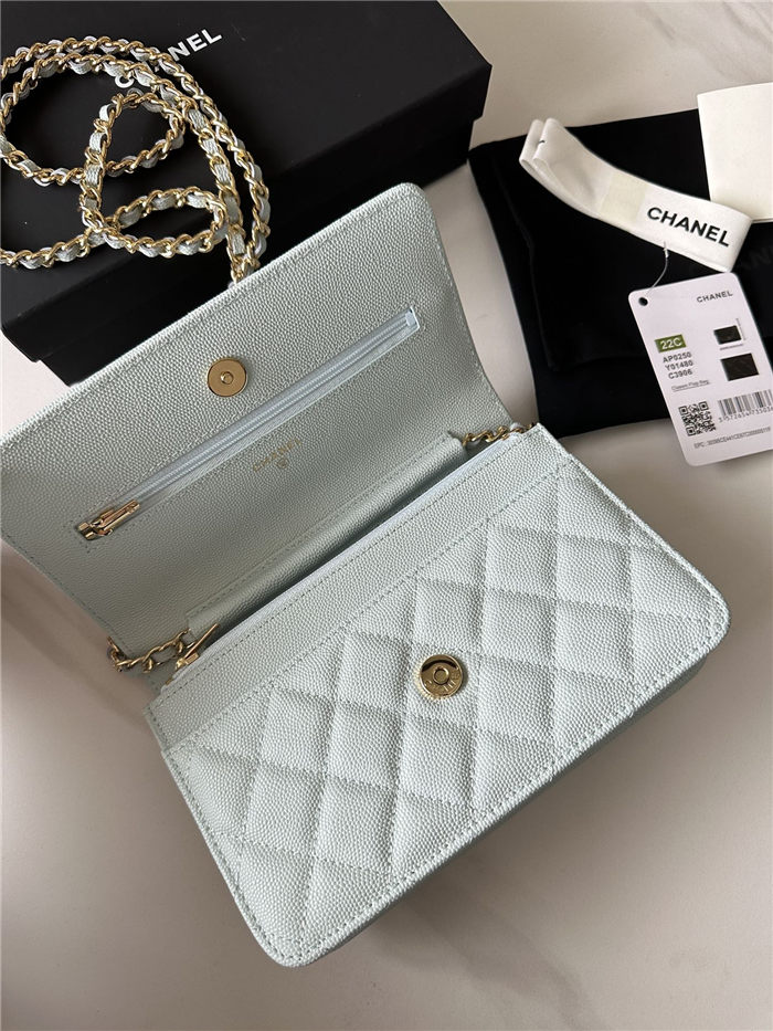 Classic Wallet on Chain AP0250 Grained Calfskin Pale Blue Gold Metal A