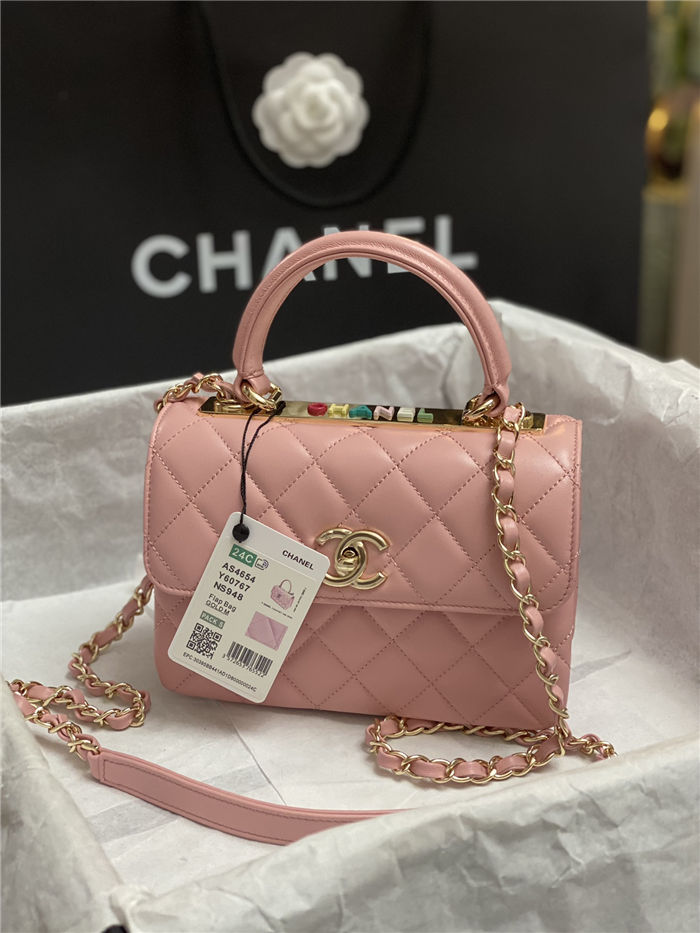 Chanel MINI FLAP BAG WITH TOP HANDLE AS4654 Lambskin & Gold-Tone Metal Pink A