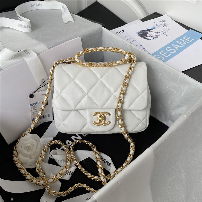 Chanel Mini Flap Bag with Handle Lambskin & Gold-Tone Metal AS3450 White A