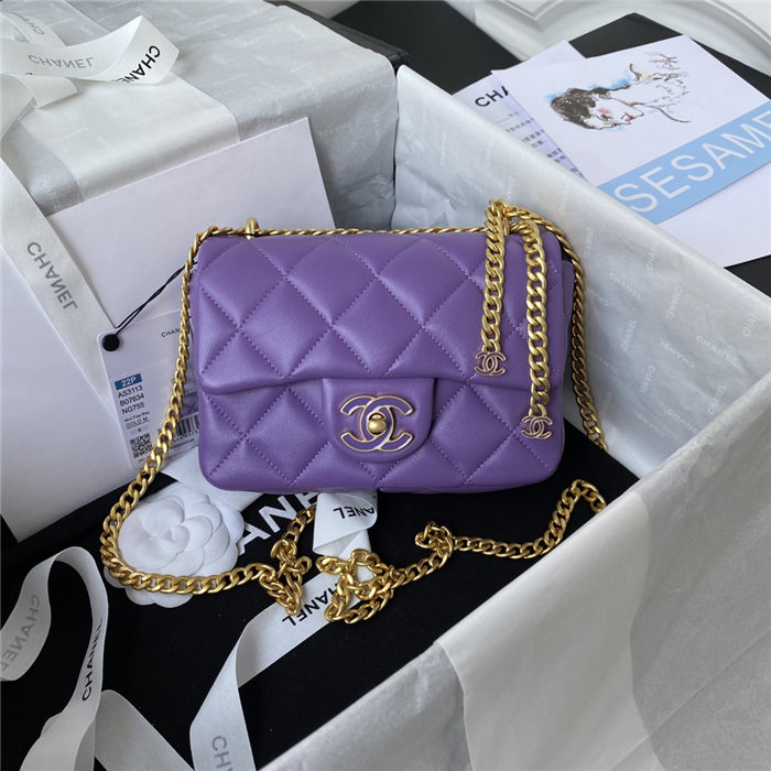 Chanel MINI FLAP BAG with Enamel buckle Lambskin & Gold-Tone Metal Purple A