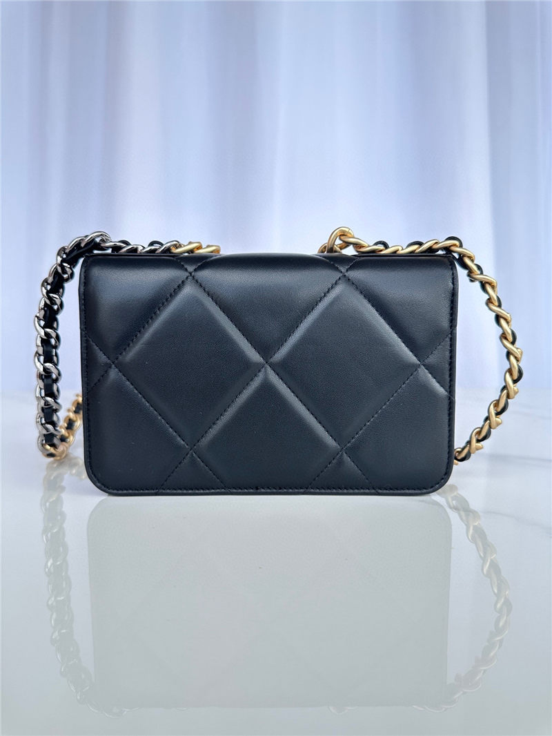 Chanel 19 WALLET ON CHAIN-A Shiny Lambskin, Gold/Silver-Tone & Ruthenium-Finish Metal Black A