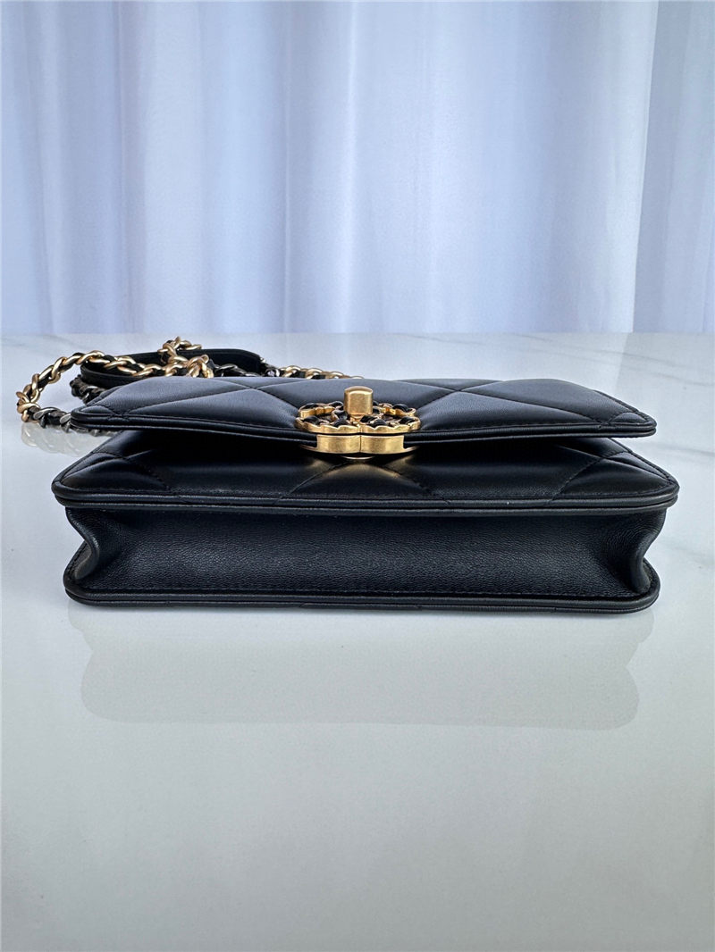 Chanel 19 WALLET ON CHAIN-A Shiny Lambskin, Gold/Silver-Tone & Ruthenium-Finish Metal Black A