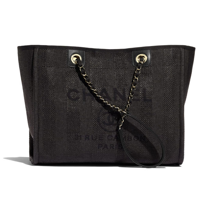 SHOPPING BAG Mixed Fibers, Calfskin & Gold-Tone Metal Black Mid