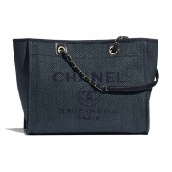 SHOPPING BAG Mixed Fibers, Calfskin & Gold-Tone Metal Navy Blue Mid