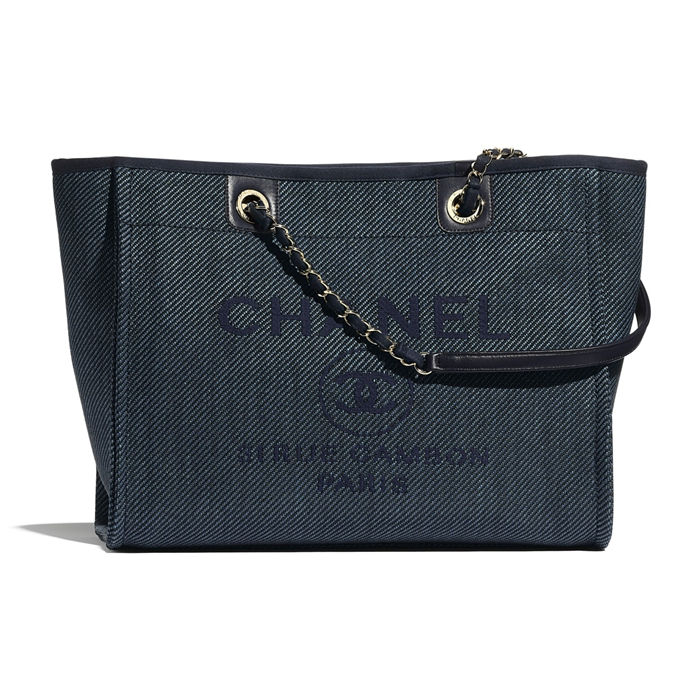 SHOPPING BAG Mixed Fibers, Calfskin & Gold-Tone Metal Navy Blue Mid