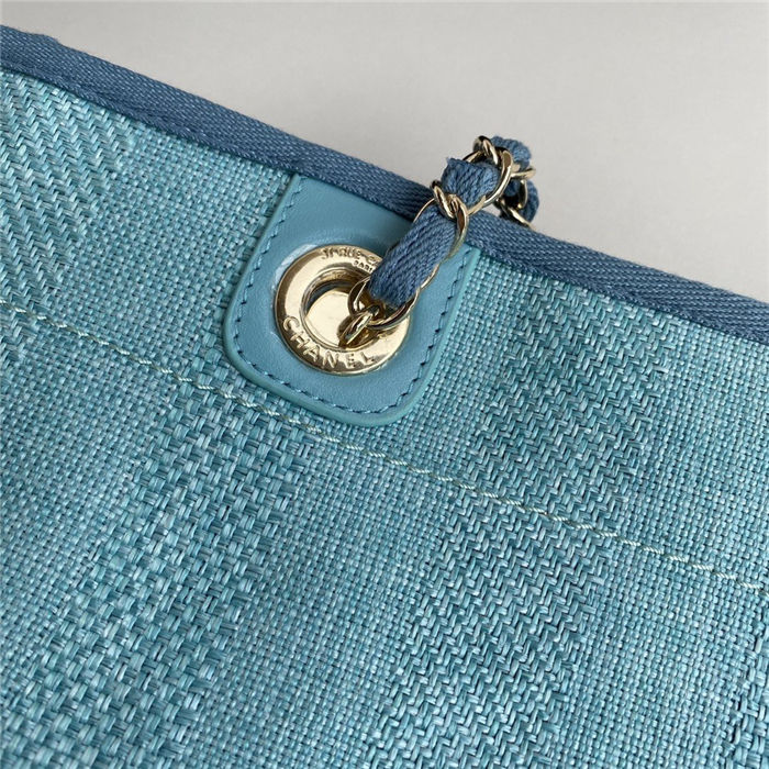 SHOPPING BAG Mixed Fibers, Calfskin & Gold-Tone Metal Blue High