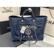 LARGE SHOPPING BAG Shiny Aged Calfskin & Gold-Tone Metal Navy Blue Mid