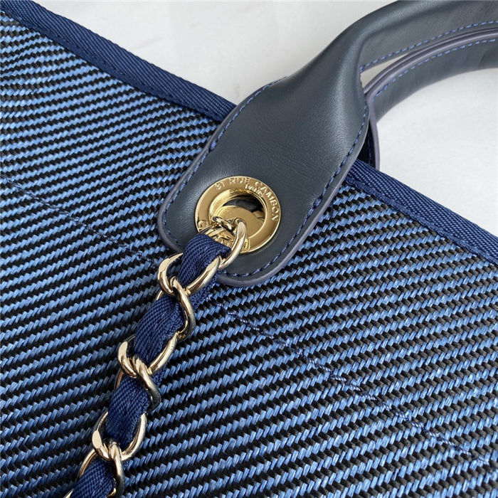 LARGE SHOPPING BAG Mixed Fibers, Calfskin & Gold-Tone Metal Navy Blue High