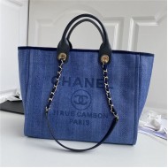 LARGE SHOPPING BAG Mixed Fibers, Calfskin & Gold-Tone Metal Navy Blue High