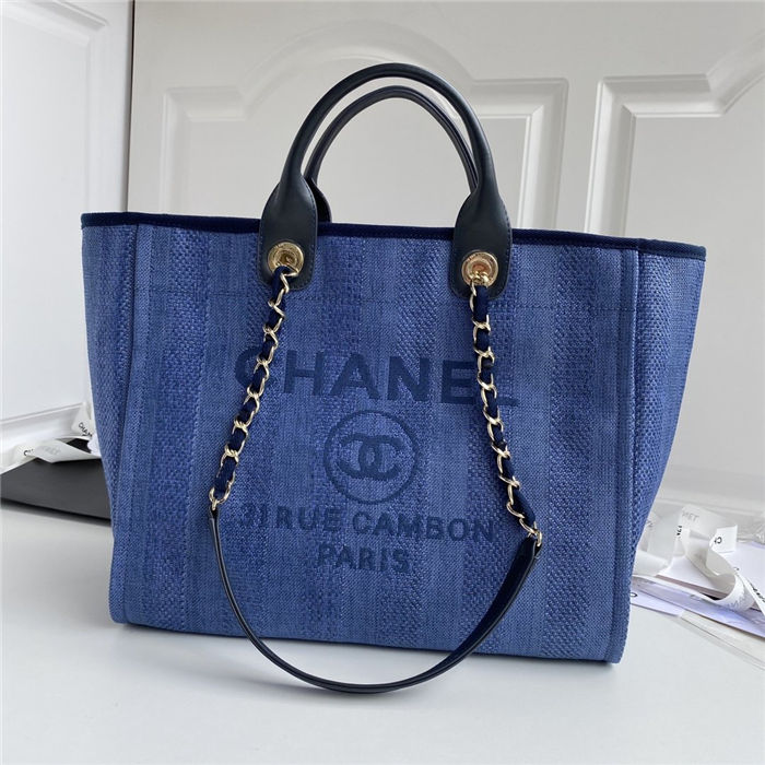 LARGE SHOPPING BAG Mixed Fibers, Calfskin & Gold-Tone Metal Navy Blue High